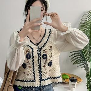 TEMU 엘레강트한 플로럴 홀로 니트 가디건, 쉬폰 롱슬리브, V넥, 폴리에스터 100%, 약간의 스트레치, 봄/가을 컬렉션