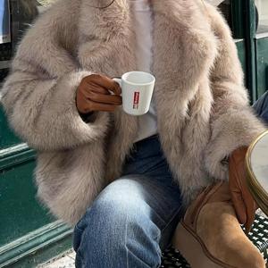 TEMU 가을/겨울용 우아하고 아름다운 여성용 인조 긴소매 아우터웨어, 큰 라펠과 두꺼운 털 코트