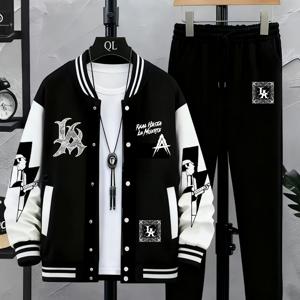 TEMU 남성용 겨울 따뜻한 재킷 & 바지 세트 - LA 테마 캐주얼 스포츠웨어, 기하학적 프린트, 드로스트링 허리, 레귤러 핏, 야구 칼라, 기하학적 패턴, |캐주얼 스포츠웨어|야구 칼라 재킷, 겨울 의류