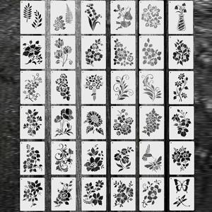 TEMU 페인팅용 재사용 가능한 플로럴 스텐실 36개 세트, 스타일리시한 벽 장식 플로럴 템플릿, 나무, 천, 종이용 내구성 플라스틱 디자인 - 스프레이 아트 및 스케치용 공예 재료