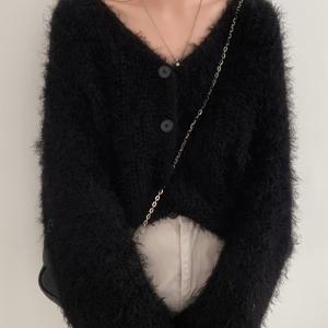 TEMU 2025 가을/겨울 게으른 V넥 싱글 버튼 스웨터 코트 페이크 밍크 소프트 긴팔 여성용 가디건