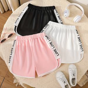 TEMU 여아용 여름 패션 레터 프린트 사이드 패널 신축성 허리밴드 스웨트팬츠 3종 세트, 중고령 아동을 위한 편안하고 통기성 좋은 아웃도어 반바지, 어린이 데일리 기본 스포츠웨어, 청소년 여름 의류, 여아용 활용도 높은 캐주얼 의상, 야외 활동에 적합