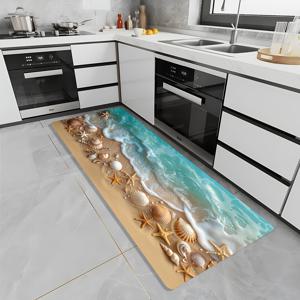 TEMU 아늑한 바다 해변 별똥별과 조개 패턴 플란넬 러그 - 세탁기 사용 가능, 미끄럼 방지 매트, 거실, 침실, 주방, 복도 등에 적합 - 내구성 있는 폴리에스터, 다양한 사이즈 선택 가능