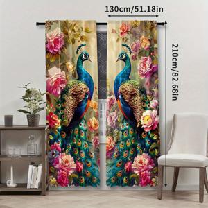 TEMU 레트로 황새 플로럴 드레이프 2개 세트, 로드 포켓 설치용 디자인, 디지털 프린트 원단, 폴리에스터 소재, 거실, 세탁실, 주방, 침실, 사무실, 식사 공간, 홈 데코레이션에 적합, (로드 미포함)