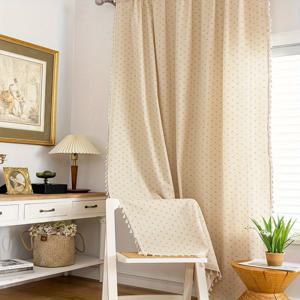 TEMU 1개 러스틱 옐로우 데이지 플랜트 프린트 반투명 커튼, 태슬 장식, 2D 평면 인쇄, 로드 포켓 주방 창문 장식, 컨트리 팜하우스 스타일 방 분할용 커튼 - 침실, 거실, 다이닝 공간, 발코니, 파티오, 카페용, 사계절 프라이버시 보호