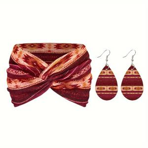 TEMU 2개/세트 헤어밴드 1개 + 귀걸이 1쌍 가을/겨울 스타일 세트 스타일 넓은 프린트 십자 무지 여성용 헤어밴드 여성용 귀걸이 세트, 다양한 색상 선택 가능, 데일리룩에 적합