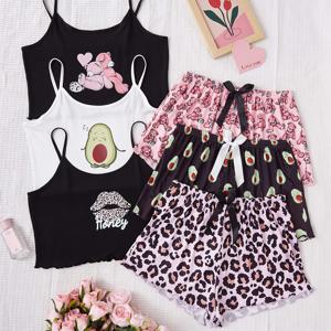 TEMU 3pcs 여성용 귀여운 핑크 곰 립 서스펜더드 반바지 캐주얼 홈 잠옷 세트