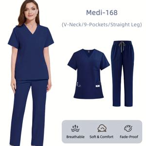TEMU 고급 4방향 스트레치 V넥 단색 반팔 레그 팬츠 세트 (병원 근무, 간호사 유니폼, 스크럽, 수술복, 사계절용)