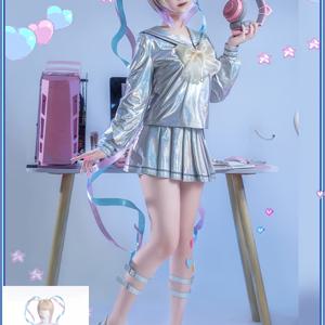 TEMU 코스프레 드레스 세트, 실버 그레이 게이밍 코스튬, 일본 애니메이션 로리타 스타일 의상, 상의, 스커트, 네 가지 색상 헤어 액세서리, 리본 헤어밴드, 헤어 클립, 하트 다리 스티커, 대형 리본 장식 상의, 다리 밴드 포함 6피스 세트