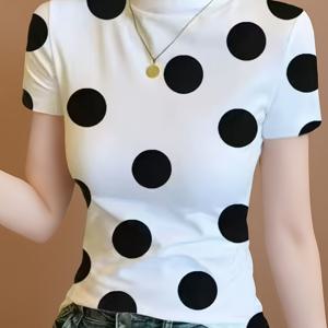 TEMU 여성용 하프 터틀넥 반팔 티셔츠, 새로운 여름 스타일, 패셔너블한 슬림핏, 몸매 ดูด소박한 도트무늬 아이스 파이버 원단 베이스 레이어 상의