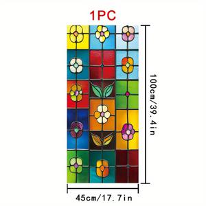 TEMU 2D 플랫 - 2D 플랫 - 2D 플랫 PVC 활기찬 스테인드 글라스 창문 필름 1개, 45 x 100cm, 탈착식 정전기 접착식, 생생한 사각 패널 (빨강, 주황, 노랑, 초록, 파랑, 보라색), 장난기 넘치는 꽃과 잎 디자인