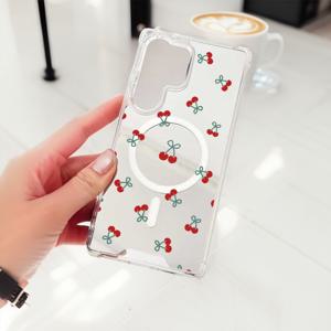 TEMU 갤럭시 S25 울트라/S25/S24/S57 호환 충격방지 2-in-1 메이크업 미러 자석 폰케이스 - 체리 디자인 풀커버, 생일/어머니/가족/친구/커플 선물 추천