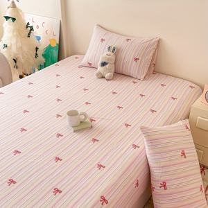 TEMU 트윈/풀/퀸/킹 사이즈 호환 3피스 침대 시트 세트 - 핑크 리본 패턴 피트드 시트 & 베개커버 2개, 부드럽고 통기성 좋은 세탁 가능 침대보 (이불 및 충전재 미포함)