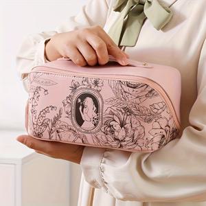 TEMU 여성을 위한 대용량 여행용 화장품 가방, 평평하게 열리는 휴대용 세면도구 파우치, 칸막이와 손잡이가 있는 메이크업 정리함으로 구성됨