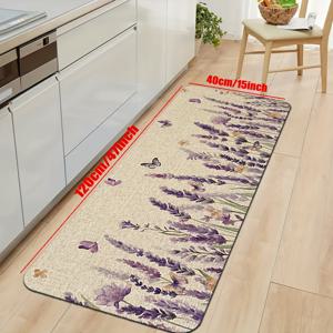 TEMU 스타일의 보라색 라벤더와 나비 디자인의 모던 주방 매트. 두께 1.2CM의 스펀지 및 플란넬 소재로 제작되었습니다. 실내외 모두 사용 가능하며, 복도, 발코니, 주방 러그로 적합합니다.