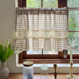 TEMU 1개 미국 스타일 컨트리 격자 무늬 컷아웃 프릴 디자인 빈티지 농가풍 주방/식당용 로드 포켓 탑 작은 창 커튼