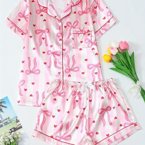 TEMU 리본 프린트 십대 반팔 반바지 잠옷 세트, 십대용