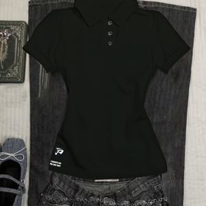 TEMU 여성 Y2K 스타일 V넥 반팔 폴로 셔츠 - 반팔, 슬림핏, 레터 프린트, 캐주얼 디자인, 여성 티셔츠