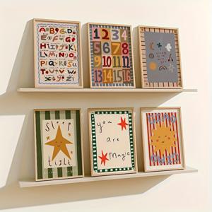 TEMU 2D 플랫, 2D 플랫, 모던 아트를 특징으로 하는 프레임리스 캔버스 포스터 6개, 알파벳 및 숫자 패턴으로 인쇄, 스타일 포스터, 벽걸이 캔버스 그림, 침실 및 거실 벽 장식, 주방 및 욕실 벽 장식