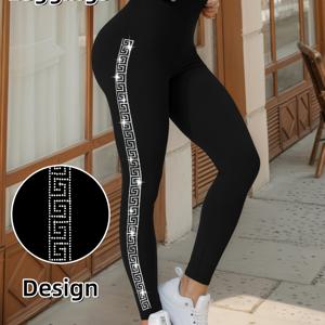 TEMU 여성용 사이드 스파이럴 라인스톤 스파클리 하이웨이스트 레깅스, 신축성 높은 통기성 사계절 타이츠, 외출복 및 패션웨어용