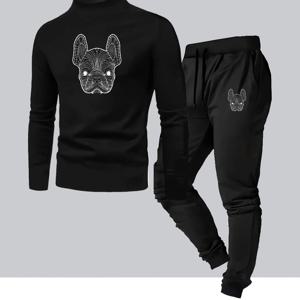 TEMU 봄/가을 남성용 캐주얼 스포츠 하이넥 긴팔 티셔츠 & 긴바지 2벌 세트. 편안하고 통기성이 좋으며 야외 조깅 및 피트니스에 적합. 프렌치 불독 헤드 - 2pcs 피트니스 세트. 하이넥 긴팔 + 긴바지