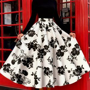 TEMU 사계절 휴가 스타일 블랙 앤 화이트 플로럴 디자인 하프 스커트