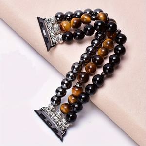 TEMU 팔찌 스트랩, 노란 호랑이 눈과 빨간 철광석으로 제작, Apple Watch 밴드 호환 (40mm/38mm/41mm Series 9, 8, 7, SE, Series 6/5/4), 스타일리시하고 귀여운 핸드메이드 탄성 비즈 스트랩 (Iwatch용)