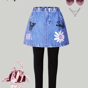 TEMU 여아 바지, 패셔너블한 레터/나비/플로럴 패턴 프린트, 모조 데님 스커트, 레깅스, 스커트 팬츠, 캐주얼, 부드럽고 클래식한, 다용도, 여아 아우터, 카니발 파티 선물, 야외용