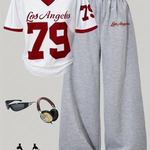 TEMU 여아용 프레피 아메리칸 스포티 투피스 세트: 숫자와 글자 프린트 화이트 반팔 상의 + 플로럴 그레이 와이드 레그 팬츠, 루즈핏, 편안한 소재, 데일리 스포츠 및 캠퍼스 웨어에 적합 (신발 및 액세서리 미포함)