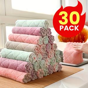 TEMU 파스텔 청소용 천 30개 - 양면 핑크, 민트 그린, 라벤더 & 그레이 - 부드럽고 긁힘 없는 주방, 욕실, 가정용 청소 행주 - 종이 타월, 설거지 행주 대용, 플러시 질감, 양면 천, 극세사 타월, 가정용 정리 도구