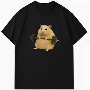 TEMU 1개 웨이트리프팅 햄스터 프린트 여성용 라운드넥 반팔 티셔츠, 재미있는 헬스장 햄스터 프린트 티셔츠, 캐주얼 반팔 티셔츠, 여유롭고 편안한 다용도 티셔츠, 완벽한 생일 선물, 휴일 선물