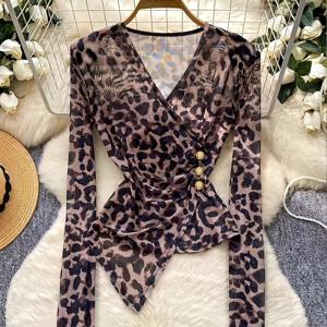 TEMU 디자인 불규칙 메시 베이스 셔츠 여성 봄/가을 섹시 V넥 프린트 탑 허리 긴팔 티셔츠