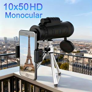 TEMU 10x50 전문가용 단안경 망원경, 휴대폰 클립 및 이동식 삼각대 포함, 고품질 고화질 광학 렌즈, 조류 관찰 콘서트 스포츠 경기 사진 촬영을 위한 다양한 야외 활동용 풀 장비
