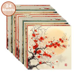 TEMU 24장 6x6인치 우키요에 스타일 벚꽃과 달, 섬세한 붓놀림, 오른쪽 하단 잉크 스탬프 스크랩북, 콜라주, 종이 접기 프로젝트, 장식용 종이, DIY 종이, 수제 스크랩북, 불렛 저널, 아트 콜라주에 적합 | 자연 요소