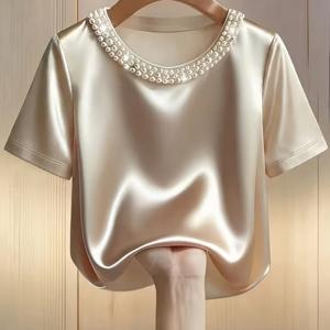 TEMU 진주 장식이 있는 우아한 새틴 라운드넥 반팔 블라우스