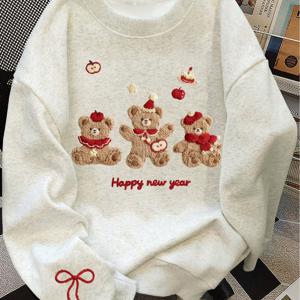 TEMU 새로운 아메리칸 스트리트 스타일 만화 귀여운 곰, 사과, 케이크, 레터링 프린트 긴소매 크루넥 여성용 스웨트셔츠, 캐주얼 루즈핏 BF 스타일, 남녀공용 아메리칸 스트리트웨어, 커플을 위한 활용도 높은 패션 상의