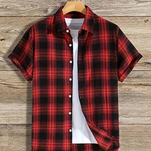 TEMU 남성용 캐주얼 체크무늬 버튼업 셔츠 - 반팔, 블랙 & 화이트 폴리에스터 원단, 클래식 칼라, 세탁기 사용 가능, 캐주얼 의상에 완벽, 다용도 레이어링 피스 | 클래식 체크 셔츠 | 만다린 칼라 셔츠