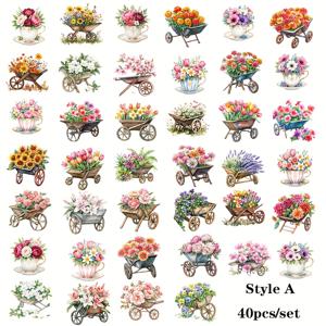 TEMU 다이어리 및 잡지 꾸미기 위해 디자인된 꽃 모양의 빈티지 스티커 40개 세트 (유니클라이크와 꽃무늬 티컵 포함)
