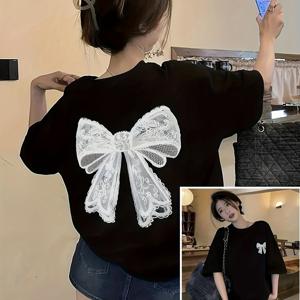 TEMU 여성용 캐주얼 우아한 리본 프린트 티셔츠 - 루즈핏 미디엄 길이 반팔 라운드넥 탑, 100% 폴리에스터, 세탁기 사용 가능, 다재다능한 캐주얼 의상