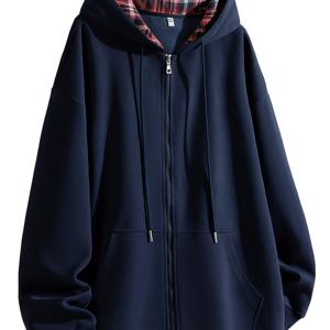 TEMU 남성용 캐주얼 체크 무늬 후드 가디건 스웨트셔츠 - 조절 가능한 드로스트링 긴소매 탑, 지퍼 디자인