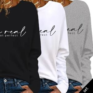 TEMU 여성용 긴소매 티셔츠 3개 세트. 긴소매 상의 스타일 보온 티셔츠. 