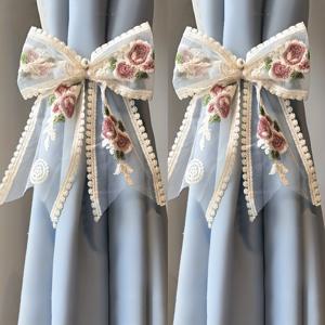 TEMU 2개 세트 자수 장미 인조 진주 레이스 리본 커튼 타이백, 무드릴 조절 가능 커튼 홀드백, 우아한 빈티지 프렌치 스타일 홈 창문 장식
