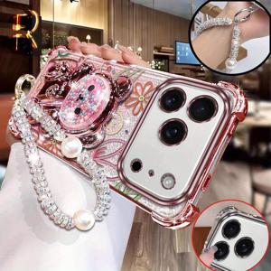 TEMU 아이폰 17 케이스: [플로럴 아이폰 17 케이스] 애플 17 프로 맥스 베어 스탠드 & 진주 끈 패턴 케이스 - 편안한 그립감, 강화된 충격 방지, 엔터테인먼트용, 아이폰 17 프로 맥스 케이스, 모바일 액세서리, 플로럴 디자인, 고품질 소재, 보호 커버, 테크 애호가, 패션 애호가