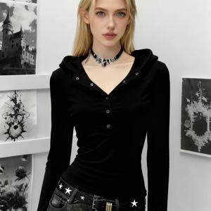 TEMU 봄 신상 고딕 스타일 벨벳 소재 클래식 디자인 탑, 부드러운 텍스처 후드티, 긴 소매 후드 티셔츠