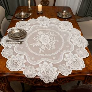 TEMU 유럽풍 우아한 싱글/더블피스 90cm 직경 라운드 화이트 레이스 봄 꽃무늬 테이블보 - 홈 데코레이션용