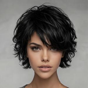 TEMU 세련된 앞머리 스타일의 가발, 짧은 블랙 디자인, 인모 사용, 접착제 불필요, 픽시 컷 스타일, 볼륨 있는 룩, 길이 6인치, 로즈 네트 캡, 착용 용이, 모든 여성에게 적합