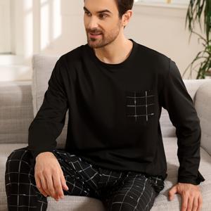 TEMU 남성용 긴팔 잠옷 (봄/가을), 긴 바지와 라운드넥 디자인, 편안하고 넉넉한 캐주얼한 홈웨어로 집에서 입기 좋고 외출하기에도 적합합니다.