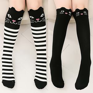 TEMU 2 쌍 소녀 귀여운 고양이 줄무늬 무릎 하이 스타킹, 소녀 부드럽고 편안한 무릎 위 발목 양말 캐주얼 일상 생활