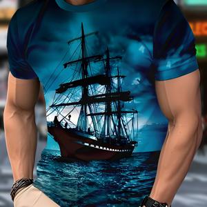 TEMU 남성용 캐주얼 크루넥 티셔츠, 보트 디자인, 해군 테마, 신축성 있는 소재