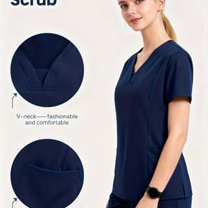 TEMU 여성용 V넥 스クラブ 상의 & 카고 팬츠 세트, 허리밴드, 4방향 스트레치